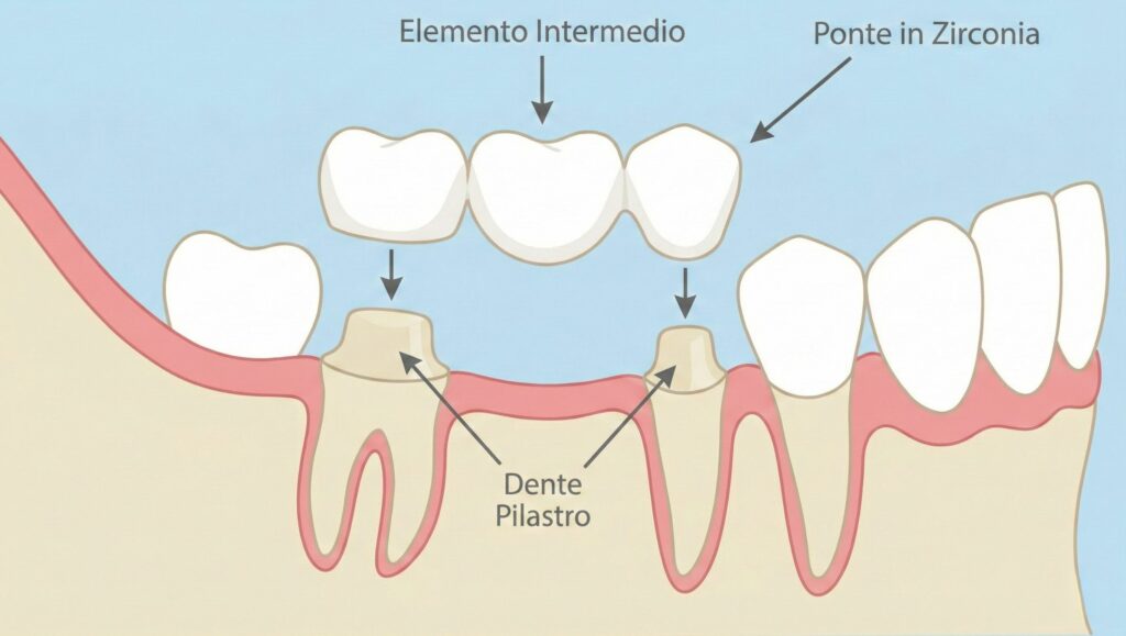 Illustrazione schematica su sfondo azzurro che spiega il funzionamento di un ponte dentale fisso posizionato sopra due denti pilastro naturali preparati.