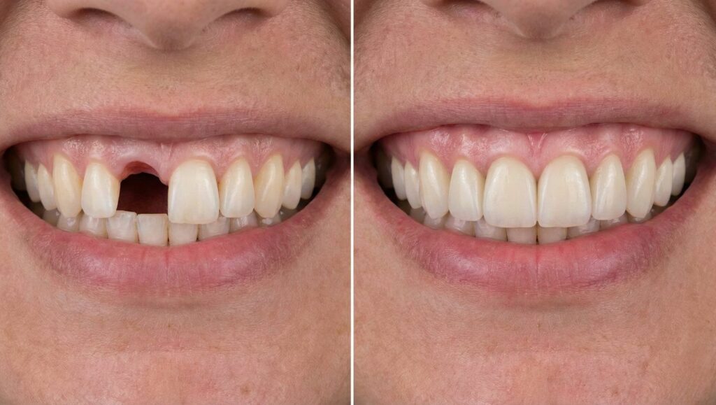 Confronto fotografico prima e dopo l'applicazione di un ponte dentale in zirconia: chiusura dello spazio del dente mancante e ripristino di un sorriso naturale.