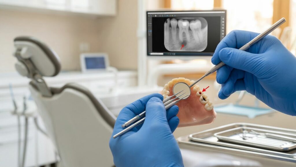 Primo piano delle mani di un dentista con guanti azzurri che esamina un modello dentale utilizzando specchietto e sonda, con una radiografia che evidenzia un'infezione visibile sullo schermo in background.