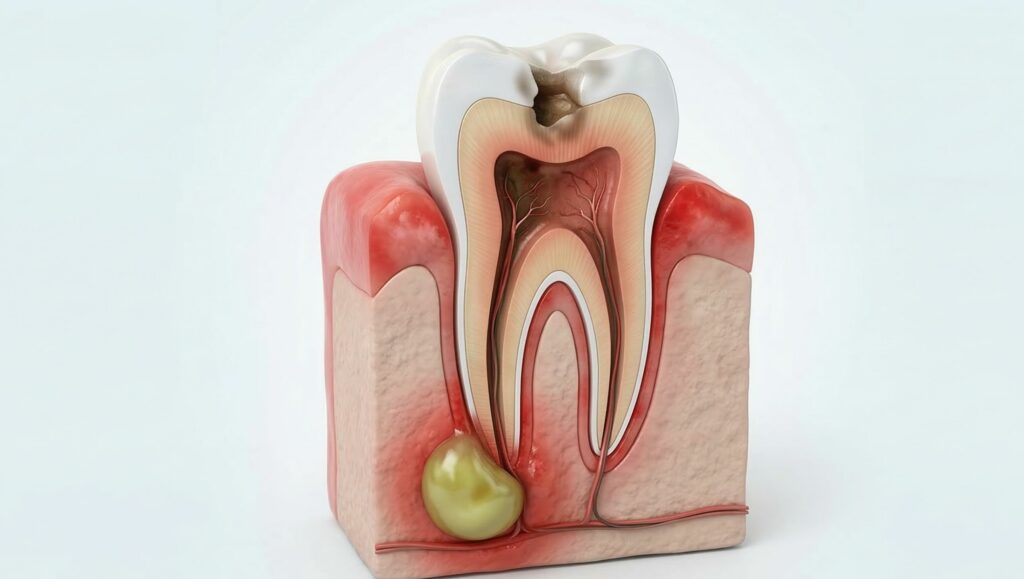 Illustrazione medica 3D in sezione di un dente con carie profonda, che mostra la formazione di un ascesso periapicale con una sacca di pus alla base della radice e la gengiva circostante infiammata.