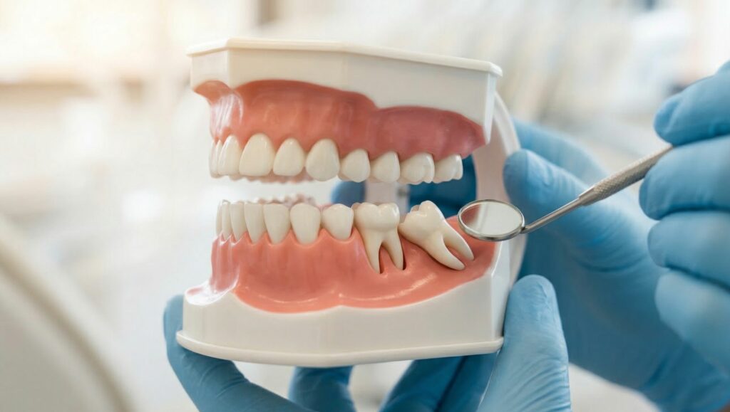 dettaglio ravvicinato di un modello di studio odontoiatrico (in resina bianca con gengive rosa) che illustra la "Mancanza di spazio." Si vede chiaramente un dente del giudizio finto, posizionato orizzontalmente, che spinge contro la radice del dente adiacente