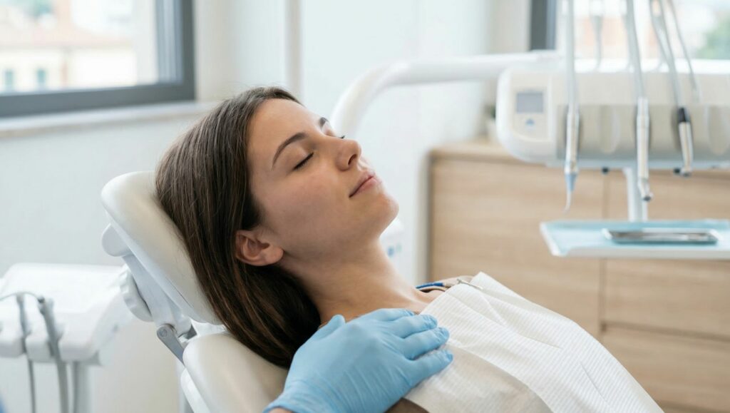 La paziente ha gli occhi aperti, un'espressione serena e rilassata, e guarda leggermente in alto con tranquillità