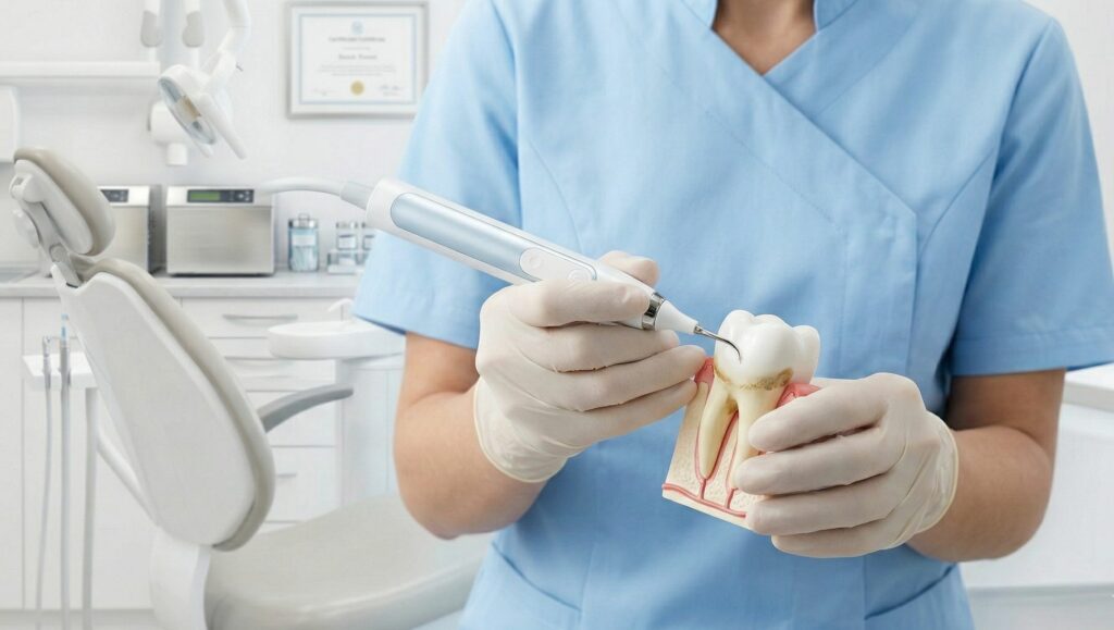 Rimozione del tartaro tramite tecnologia a ultrasuoni professionale.