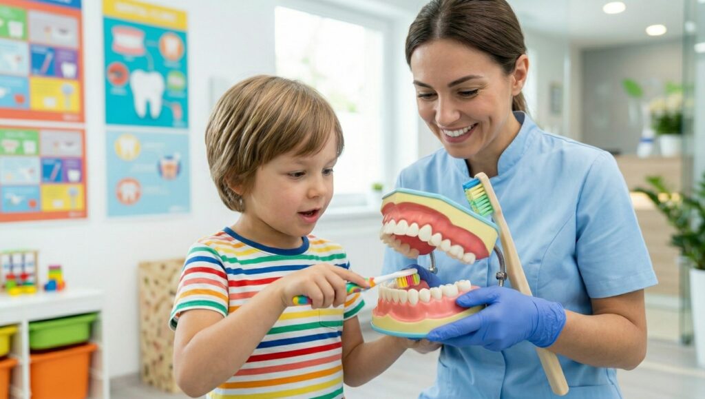 Lezione di igiene orale per bambini con modelli didattici.