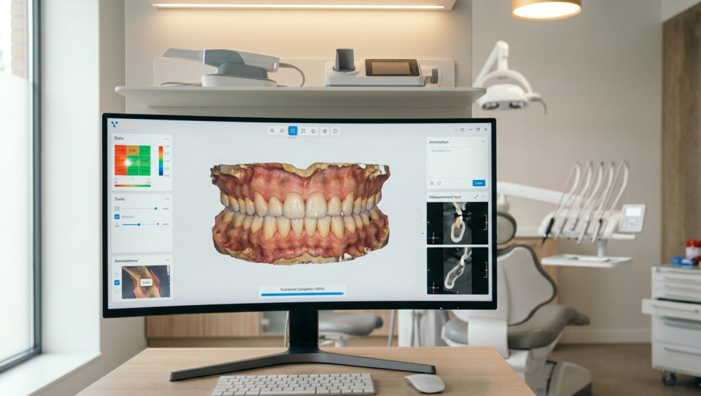 Modello 3d dei denti visibile a monitor dopo la scansione.