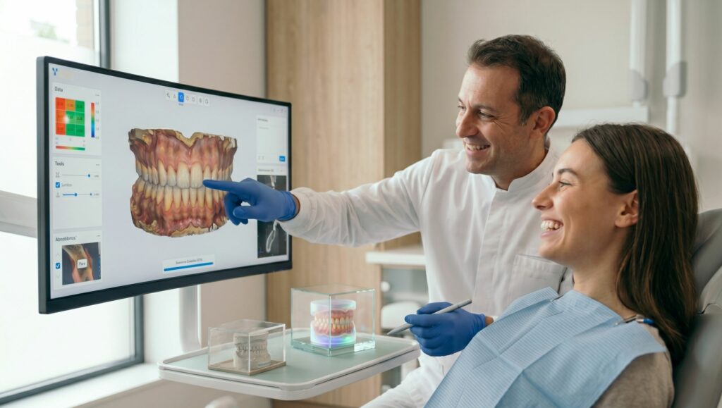 Medico e paziente che analizzano la scansione digitale in studio.