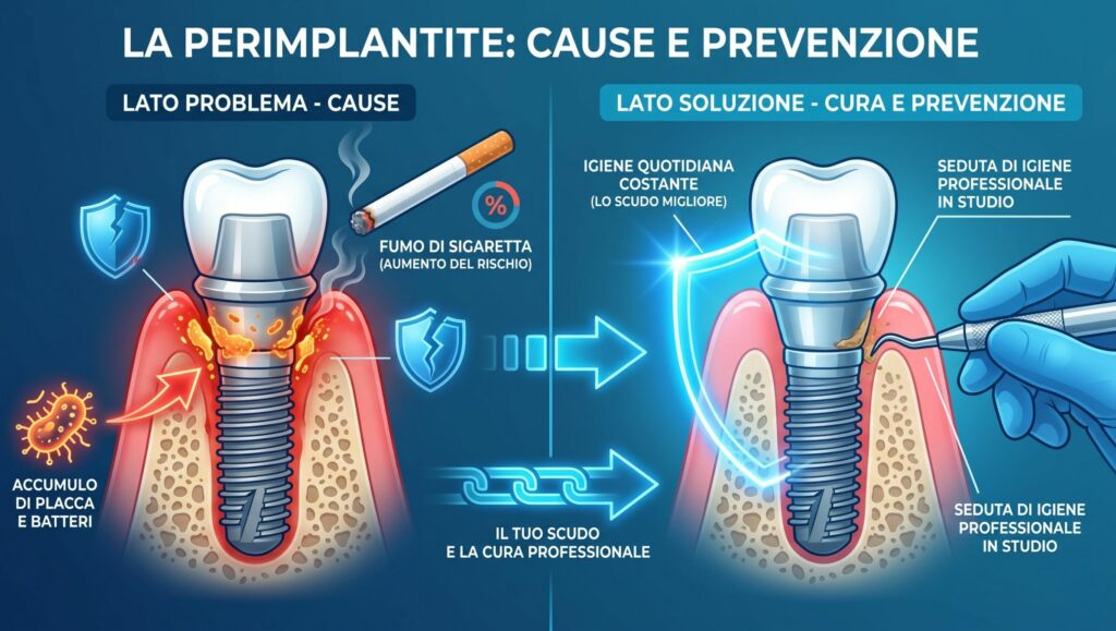 diagramma scientifico digitale che mostra due modelli anatomici di impianti dentali inseriti nell'osso alveolare. Il modello a sinistra ha gengive arrossate, gonfie e batteri patogeni di colore arancione attorno all'impianto. Il modello a destra ha gengive sane e un'icona scudo energetico blu lucido. Include icone stilizzate per fumo di sigaretta, batteri, catene, frecce di flusso e una mano guantata che manovra uno strumento odontoiatrico.
